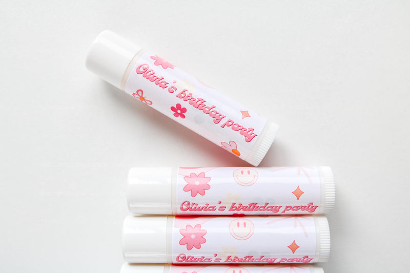 Girls Birthday Lip Balm Party Favors, Smiley Face Birthday, Pink Groovy Retro Checkered Theme, Preppy Party, Coconut Lip Balm Favours