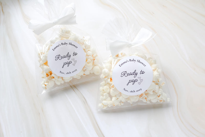 Ready to Pop Popcorn Favor Bags with Labels | Baby Shower Favors | His & Her Favorite Snack | DIY Shower Thank You Treat Bags