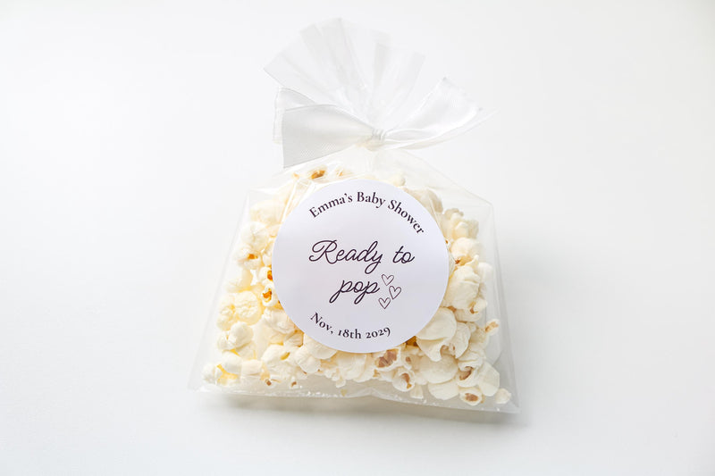 Ready to Pop Popcorn Favor Bags with Labels | Baby Shower Favors | His & Her Favorite Snack | DIY Shower Thank You Treat Bags