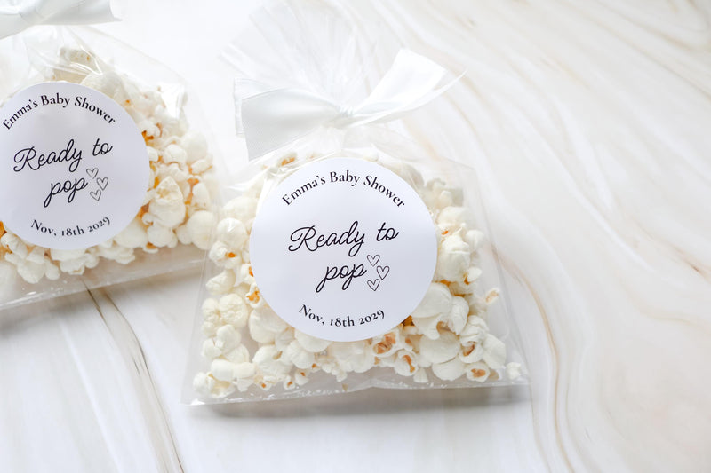 Ready to Pop Popcorn Favor Bags with Labels | Baby Shower Favors | His & Her Favorite Snack | DIY Shower Thank You Treat Bags