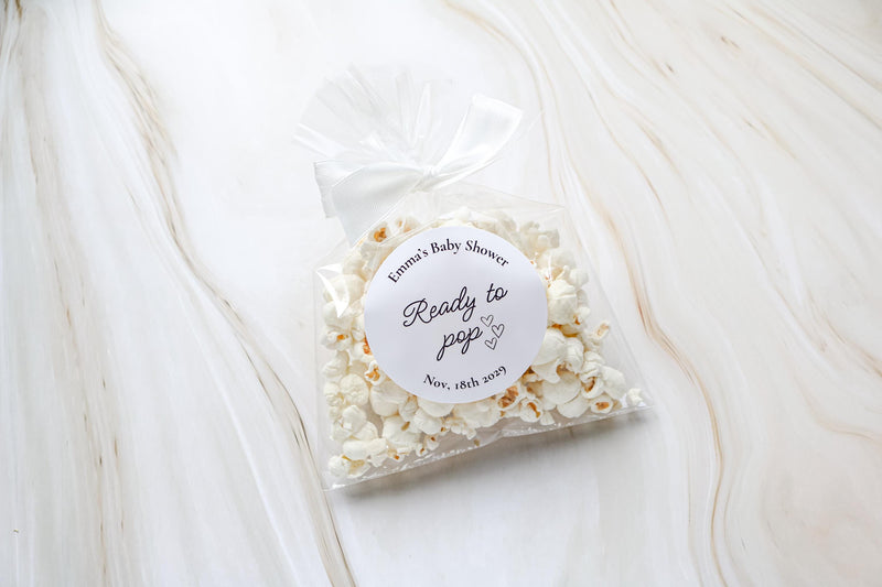 Ready to Pop Popcorn Favor Bags with Labels | Baby Shower Favors | His & Her Favorite Snack | DIY Shower Thank You Treat Bags